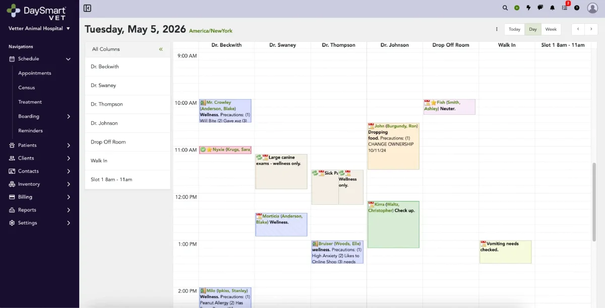 DaySmart Vet's day schedule, with appointments in columns for each doctor, a drop-off room and walk-ins