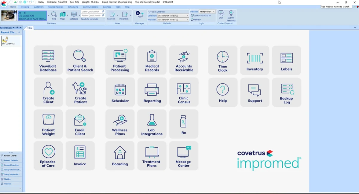 Impromed home screen with module tiles for the database, patient processing, medical records, scheduler, reporting, inventory, lab integrations, wellness plans, boarding, treatment plans and the message center