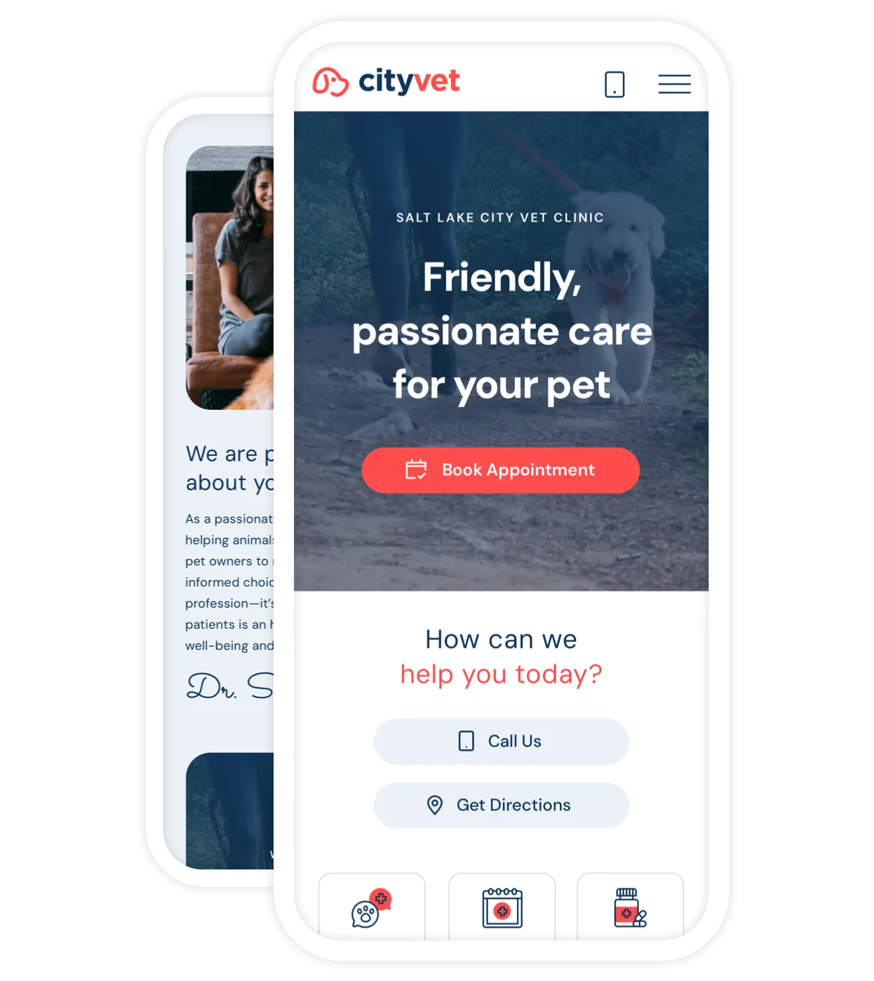 A veterinary clinic homepage shown on two phones