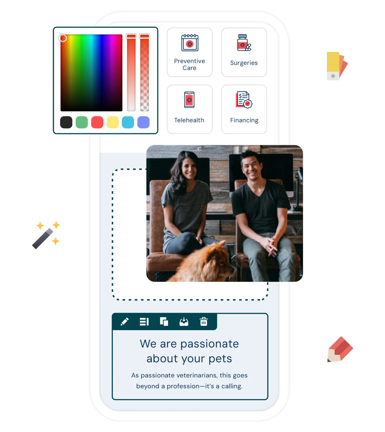A visual page editor with a colour picker and content blocks