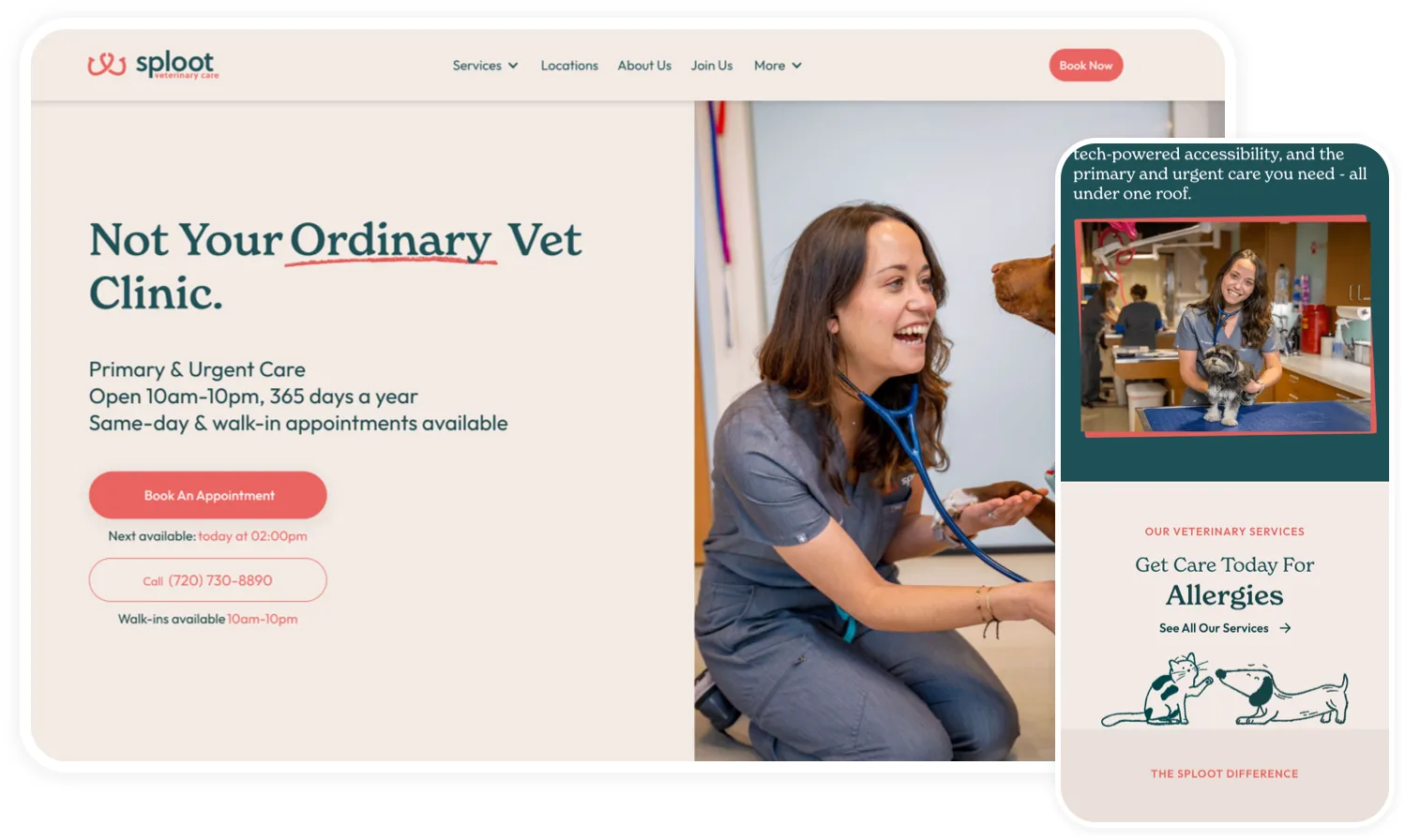 The Sploot veterinary website shown on desktop and mobile