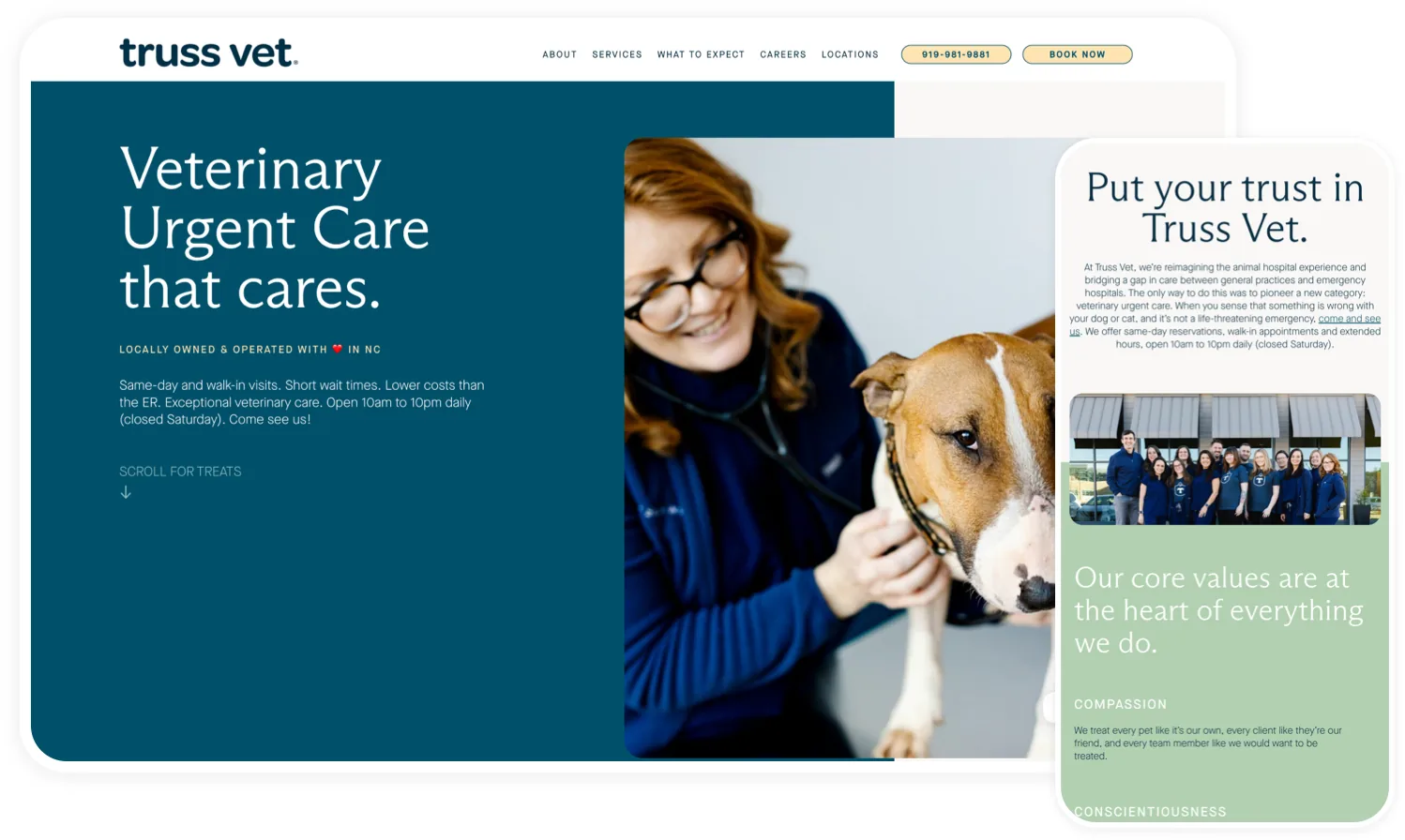 The Truss Vet website shown on desktop and mobile